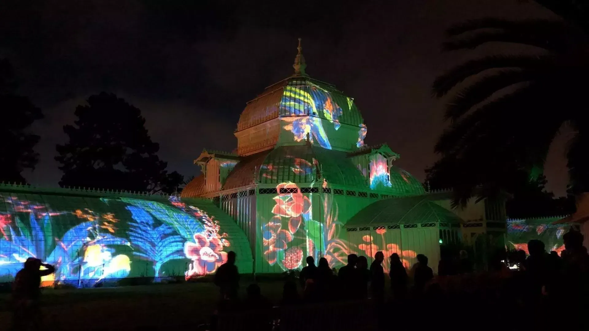 The Conservatory of Flowers illuminated at night