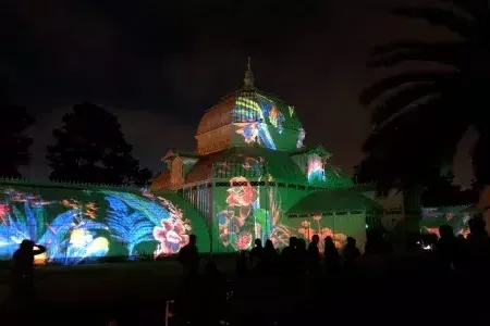 The Conservatory of Flowers illuminated at night